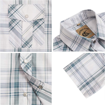 HOTCOEVALS CLUB Men's Western Cowboy Short Sleeve Pearl Snap Casual Plaid Work Shirts