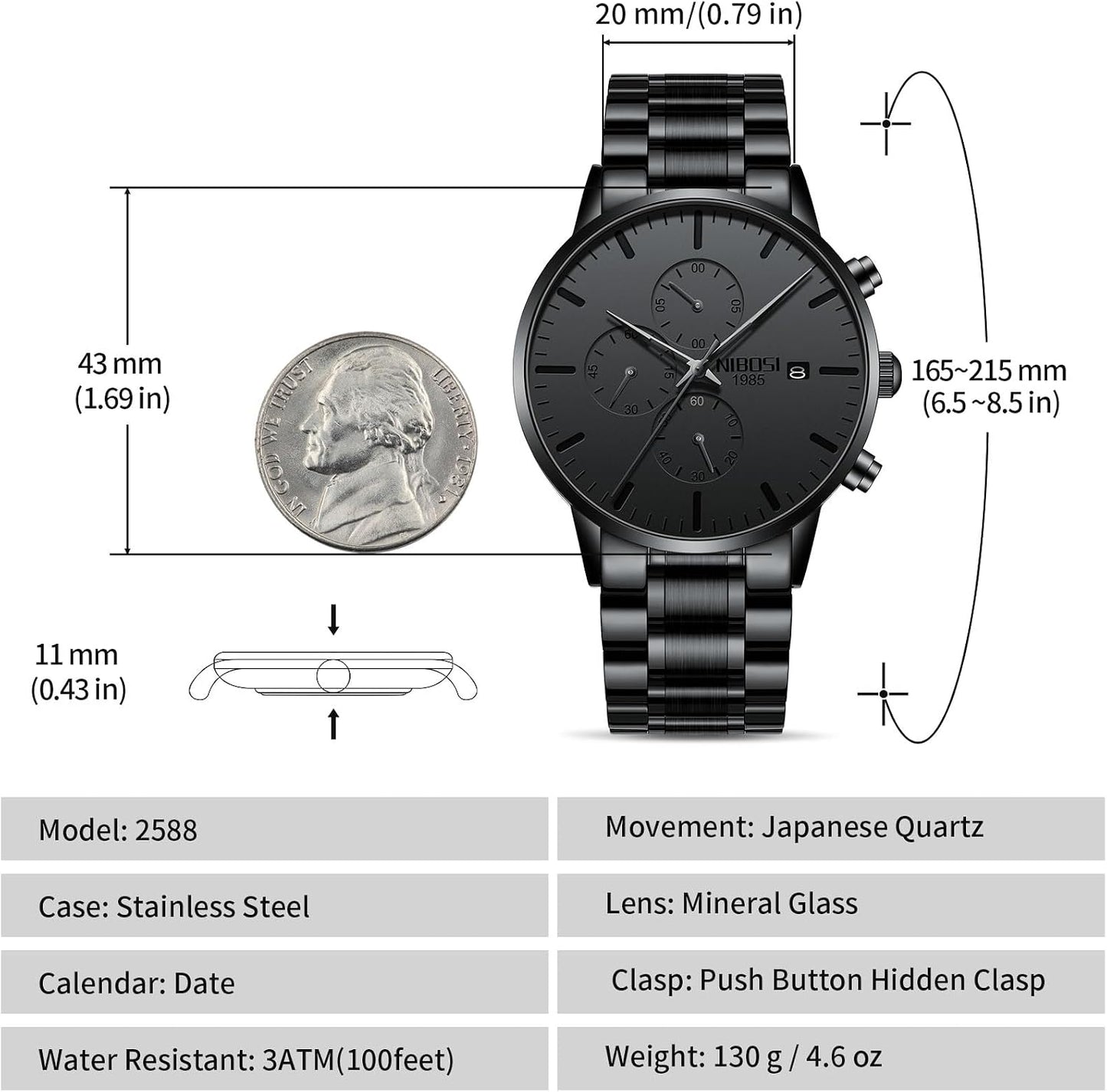 HOTNIBOSI Men's Analog Chronograph Watch, Minimalist Black Dial with Date | Waterproof Stainless Steel Strap, Business Fashion Casual Quartz Wrist Watches for Men