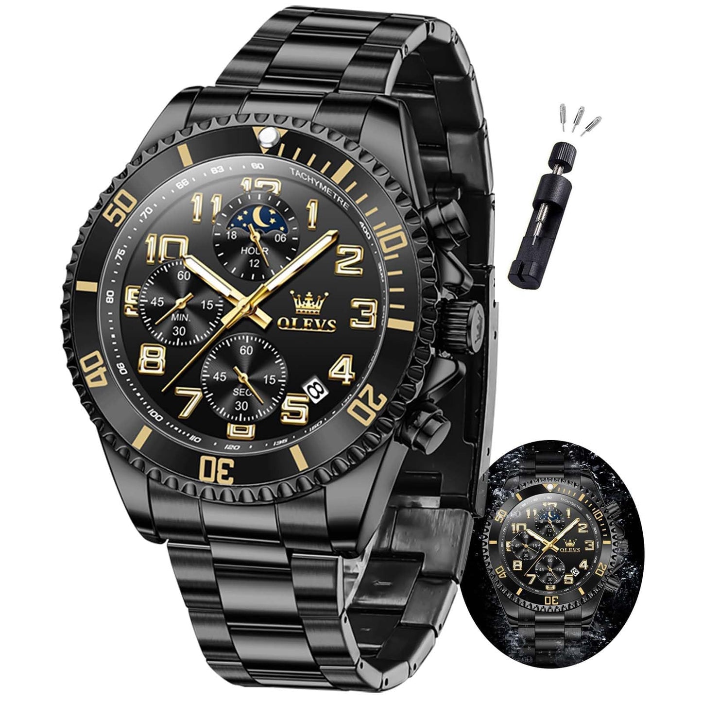 HOTOLEVS Mens Watches Chronograph Watch Luxury Dress Stainless Steel Waterproof Watches for Men Moon Phase Luminous Business Calendar Wrist Watch Blue/Black/Green/Gold/Face