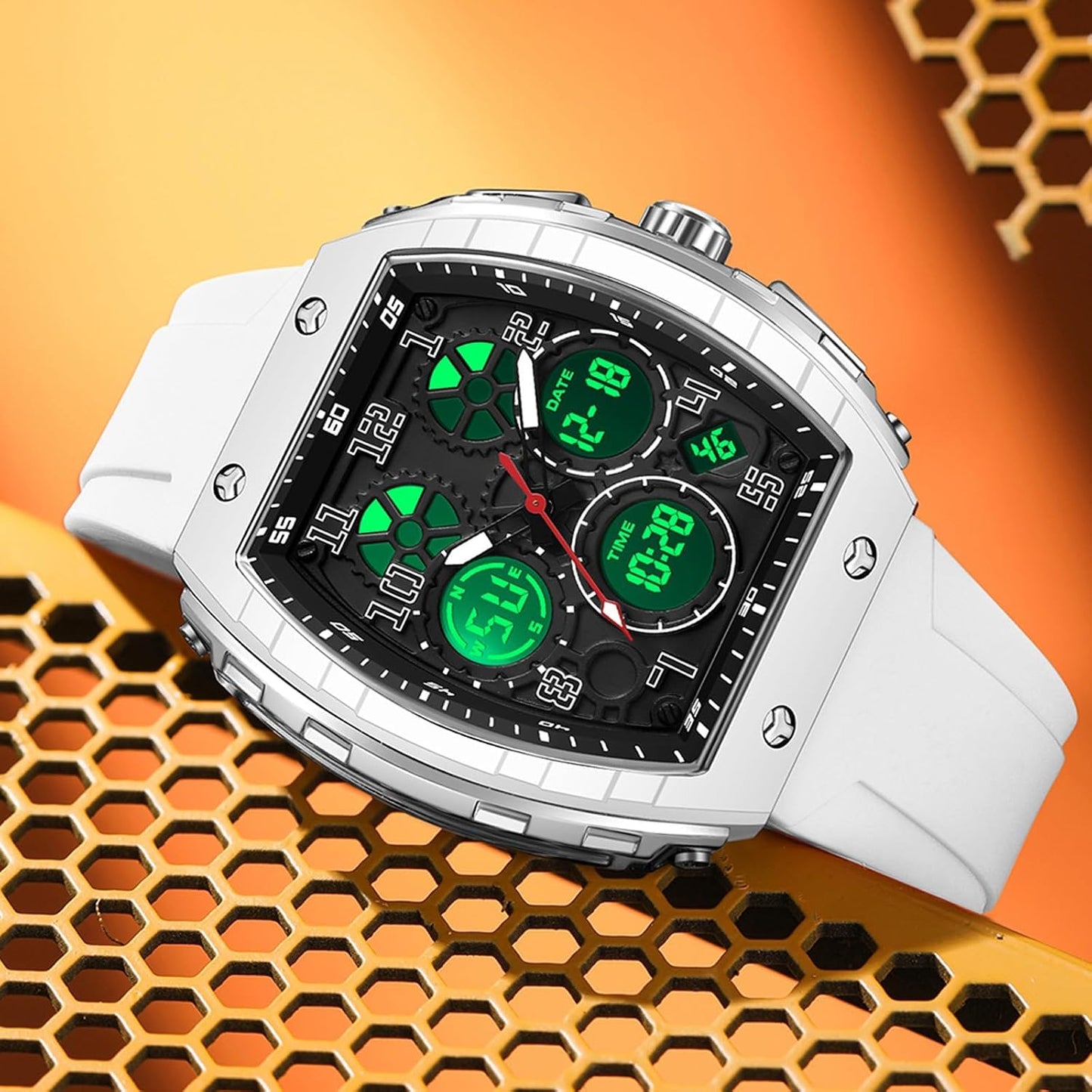 HOTfindtime Watches for Men Relojes para Hombres Wristwatch with Digital Analog Dual Time Display Countdown Stopwatch Punk Cool Design 5ATM Waterproof Mens Watch | Reloj de Hombre Rectangle Design Digital Analog Dual Time Display Countdown Stopwatch Punk