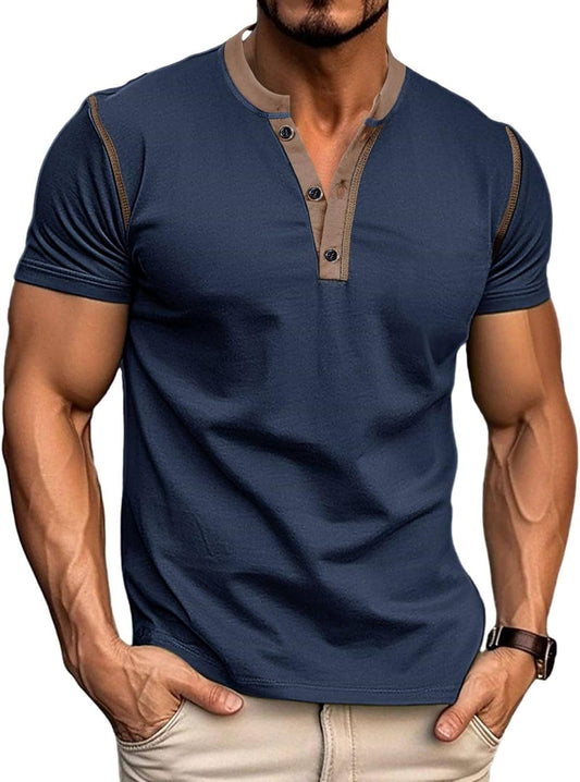 HOTMen's Casual Henley Shirts Classic Button Cotton Short Sleeve T-Shirt Summer Basic Solid Lightweight Tees Tops