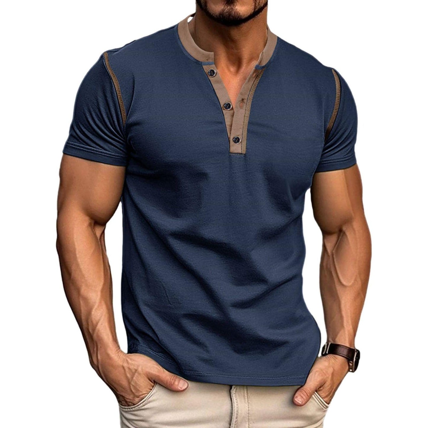 HOTMen's Casual Henley Shirts Classic Button Cotton Short Sleeve T-Shirt Summer Basic Solid Lightweight Tees Tops