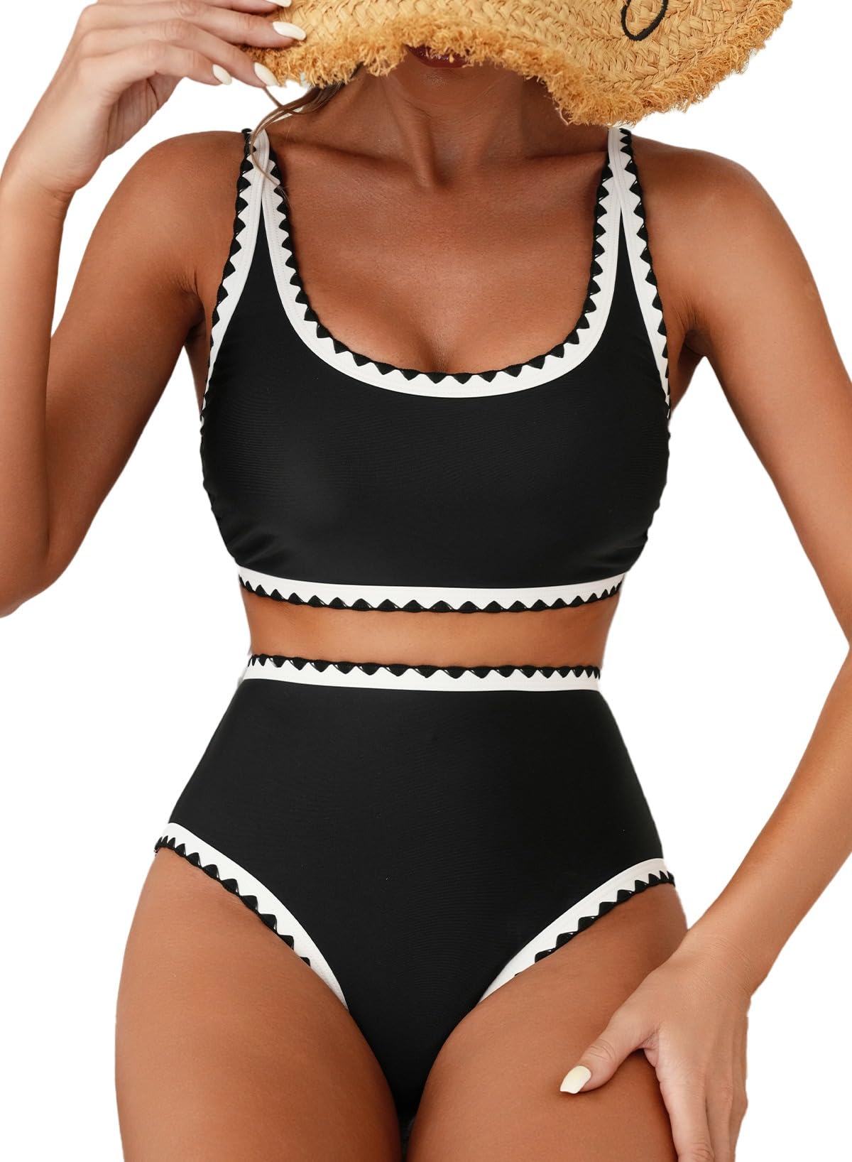 HOTHerseas Women's Bikini Sets Floral Print Whip Stitch 2 Piece Swimsuits High Waisted Scoop Bathing Suits