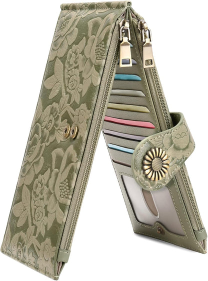 HOTFALAN MULE Slim Wallet for Women RFID Blocking Bifold Leather Card Holder | Vegan Leather RFID Wallet Women Ladies Clutch Purse Multi Card Wallet Case with 2 Zipper Pockets