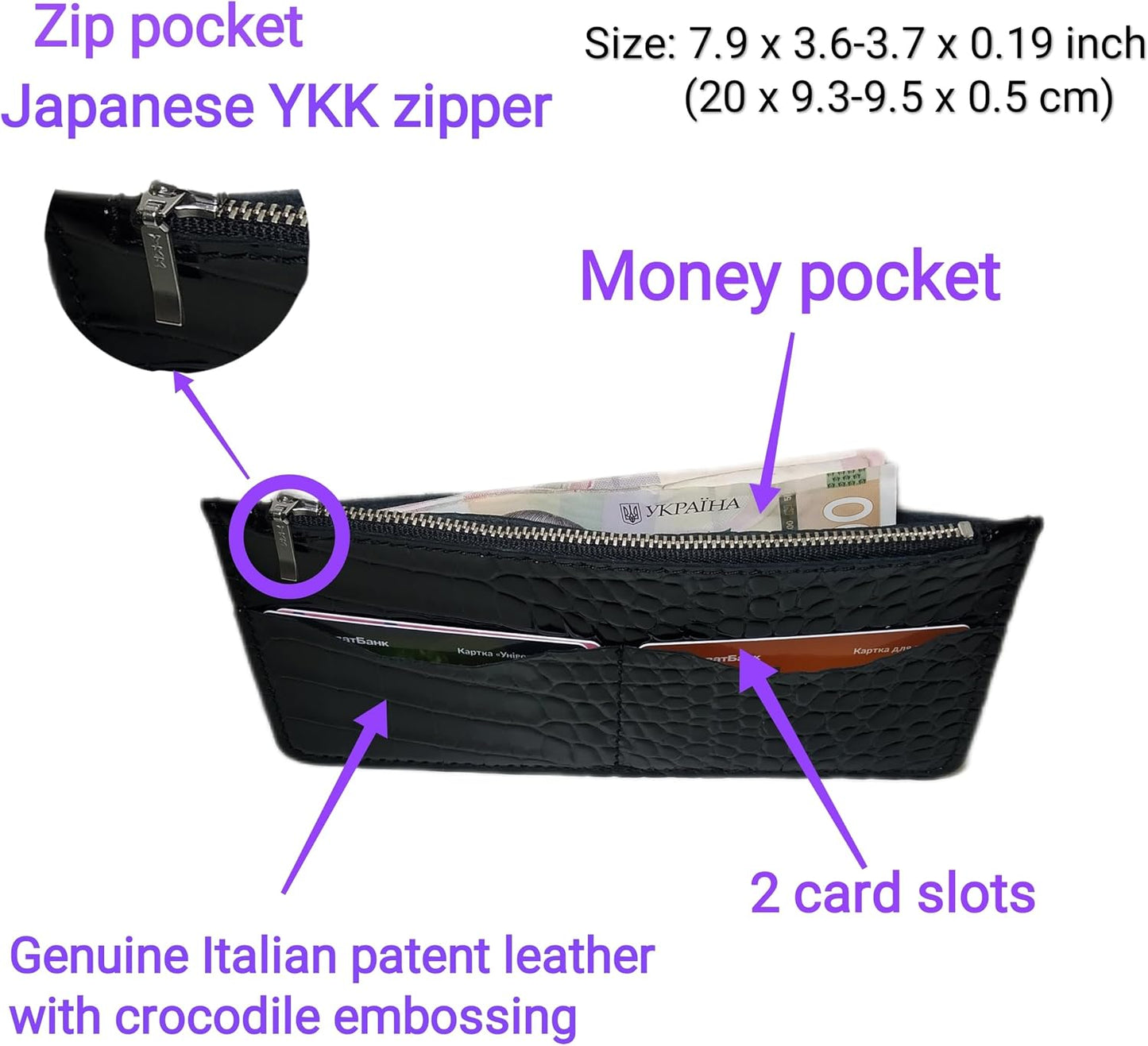 HOTINGVARR Unique Patent Slim Leather Wallet for Women | Crocodile Embossed Genuine Leather | Gift for Her | Handmade Wallet with Card Slots and Coin Pocket | Black