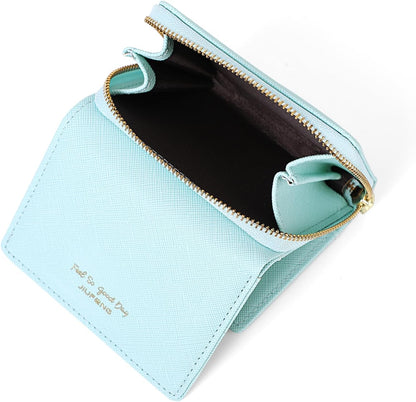 HOTJIUFENG Women's RFID Blocking Short Wallet Multi Purpose Zipper Folded Purses Coins Pouches Multi-card Position Card Organizer (Blue)