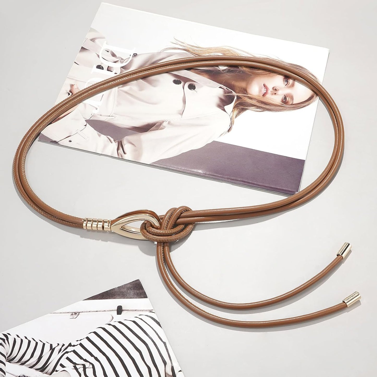 HOTWomen Knotted Skinny PU Leather Waist Belt Gold Buckle for Dresses