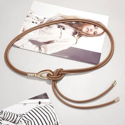 HOTWomen Knotted Skinny PU Leather Waist Belt Gold Buckle for Dresses