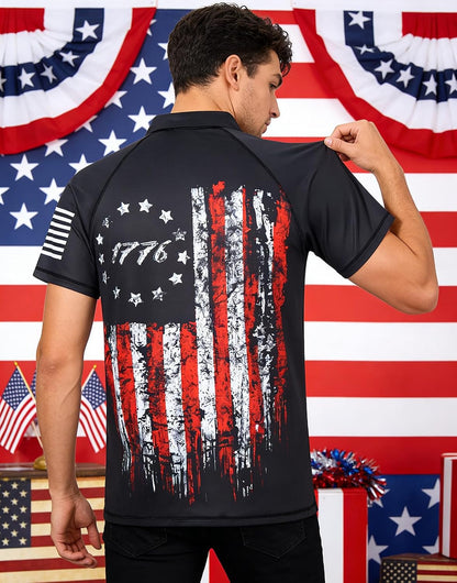 HOTRAISEVERN Mens American Flag Print Golf Polo Shirt Patriotic Raglan Sleeve Tees