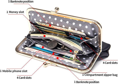 HOTVintage Kiss Lock Leather Wallet for Women, Clutch, Orange | Genuine Leather, Multi-card Slots Card Holder Clutch Purse Travel Wallet