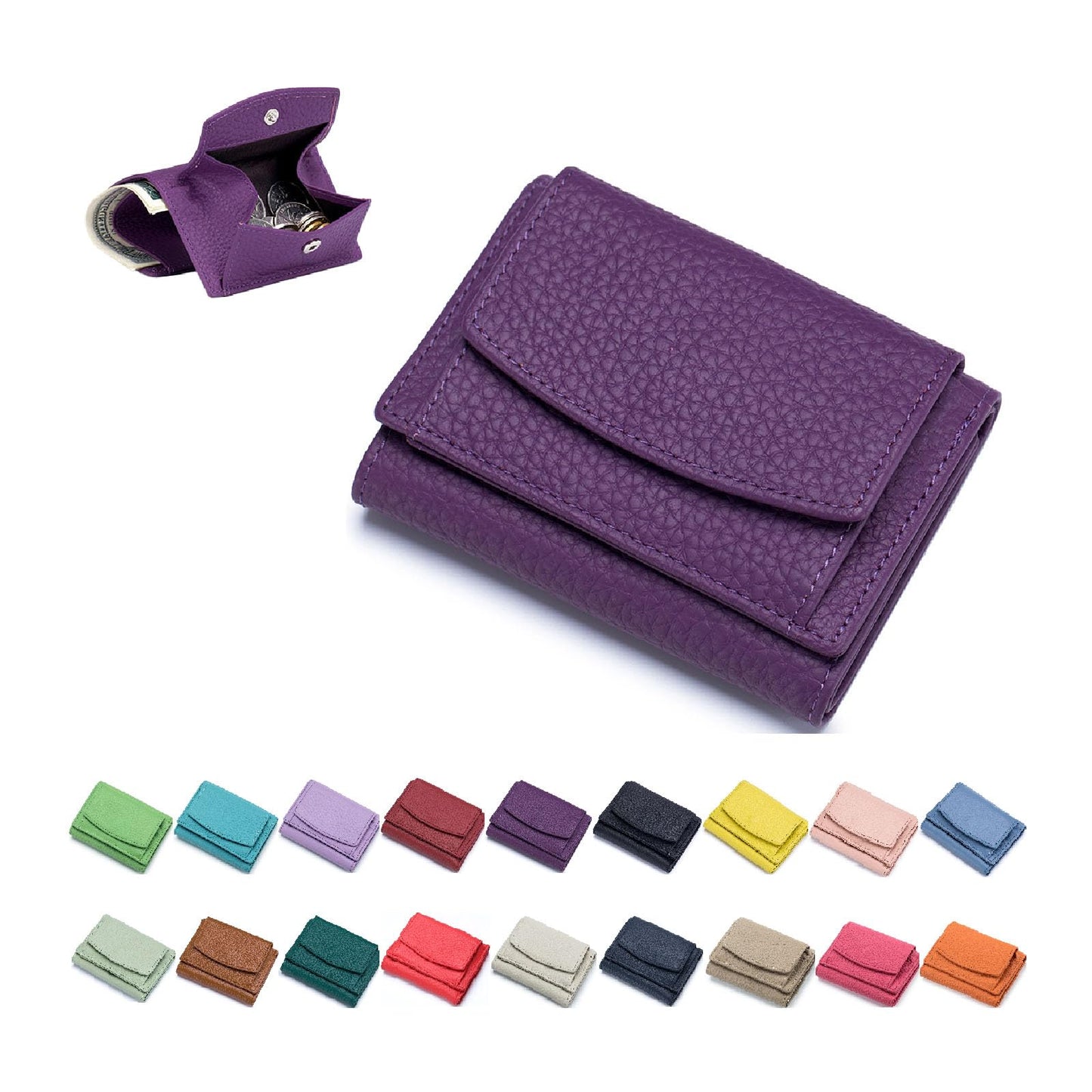 HOTGenuine Leather RFID Blocking Card Holder Organizer Pocket Mini Wallet, 2024 New Preliminary Wallet With Coin Pouch, Womens Genuine Leather Wallet, for Family Folding Mini Wallet (C-Light Purple)