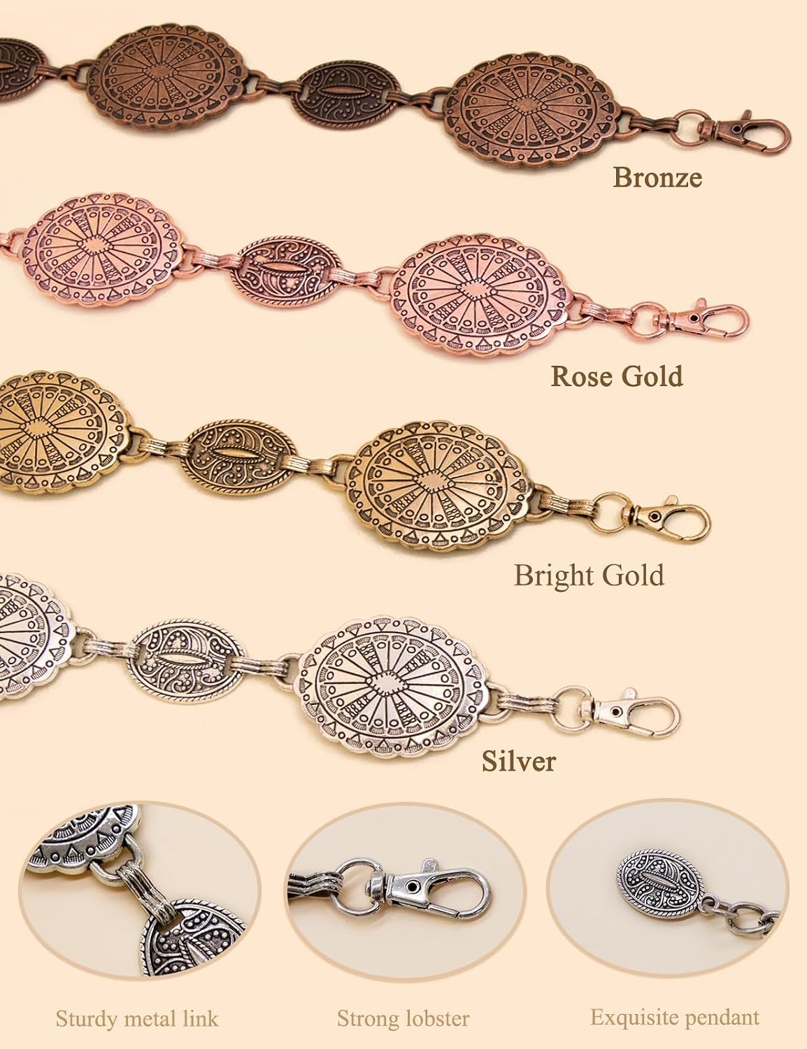 HOTTOPACC Western Metal Concho Belt for Women Cowgirl Chain Belts for Dresses Jeans Country Concert Outfit