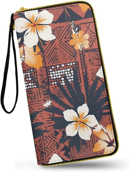 HOTHawaii Totem Flowers PU Leather Ladies Wallet Wristlet, Tropical Hawaiian Tiki Art Zip Around Wallets for Women, Brown Large Capacity Card Holder Organizer