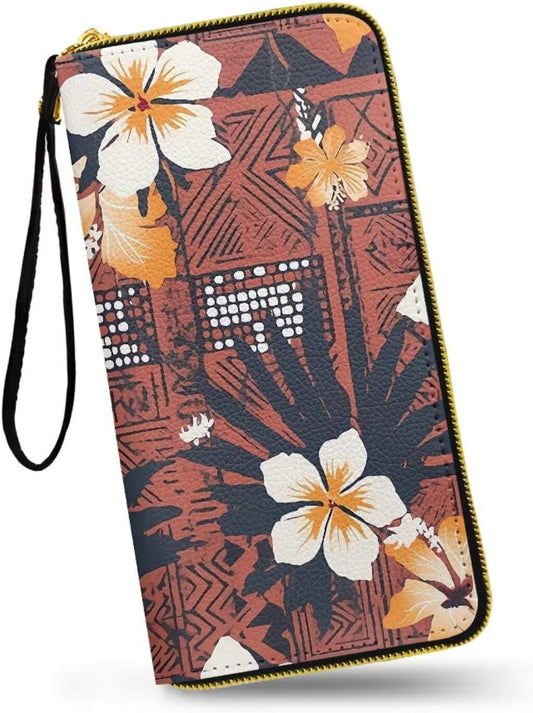 HOTHawaii Totem Flowers PU Leather Ladies Wallet Wristlet, Tropical Hawaiian Tiki Art Zip Around Wallets for Women, Brown Large Capacity Card Holder Organizer
