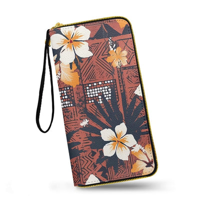 HOTHawaii Totem Flowers PU Leather Ladies Wallet Wristlet, Tropical Hawaiian Tiki Art Zip Around Wallets for Women, Brown Large Capacity Card Holder Organizer
