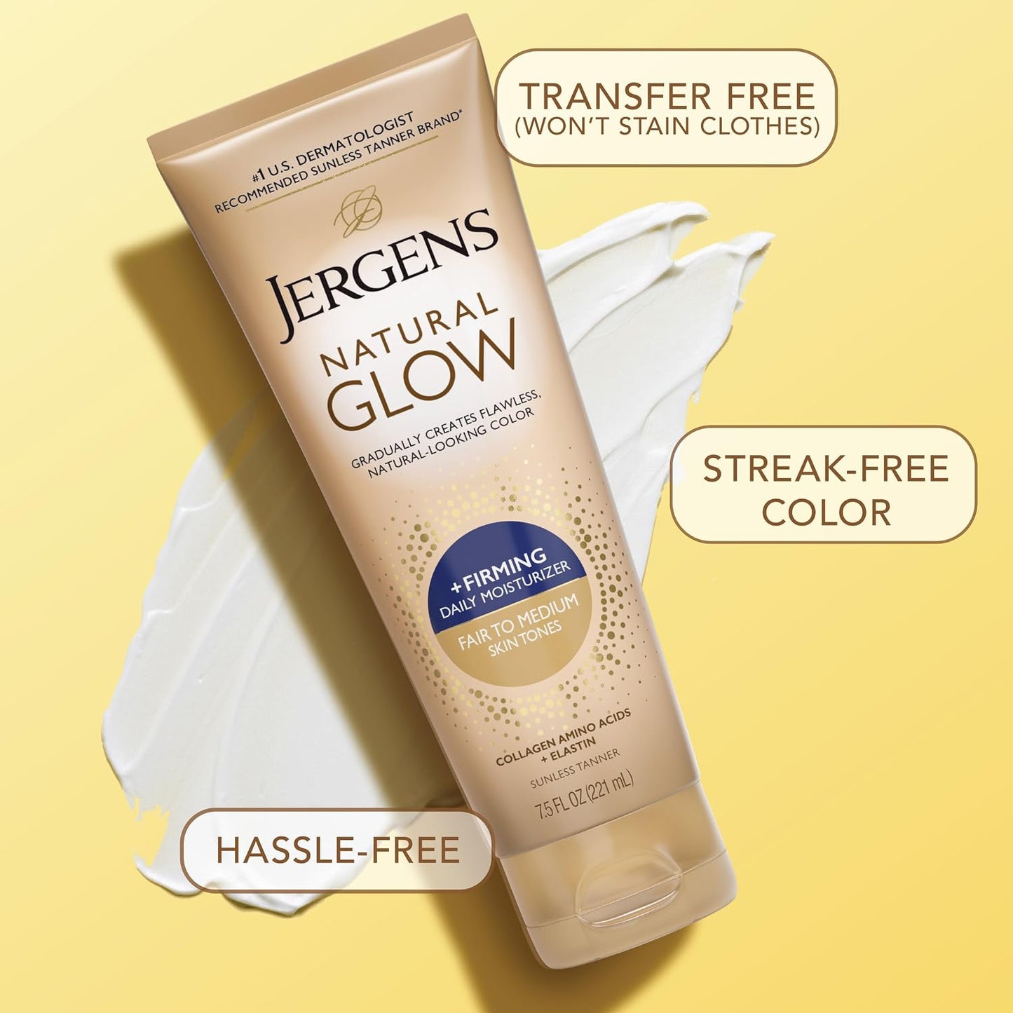 HOTJergens Natural Glow +Firming Self Tanner Lotion Fair to Medium, 7.5 oz | Sunless Tanning Moisturizer, Collagen and Elastin Formula, Reduces Cellulite, Gradual Glow, Fair to Medium Skin Tone