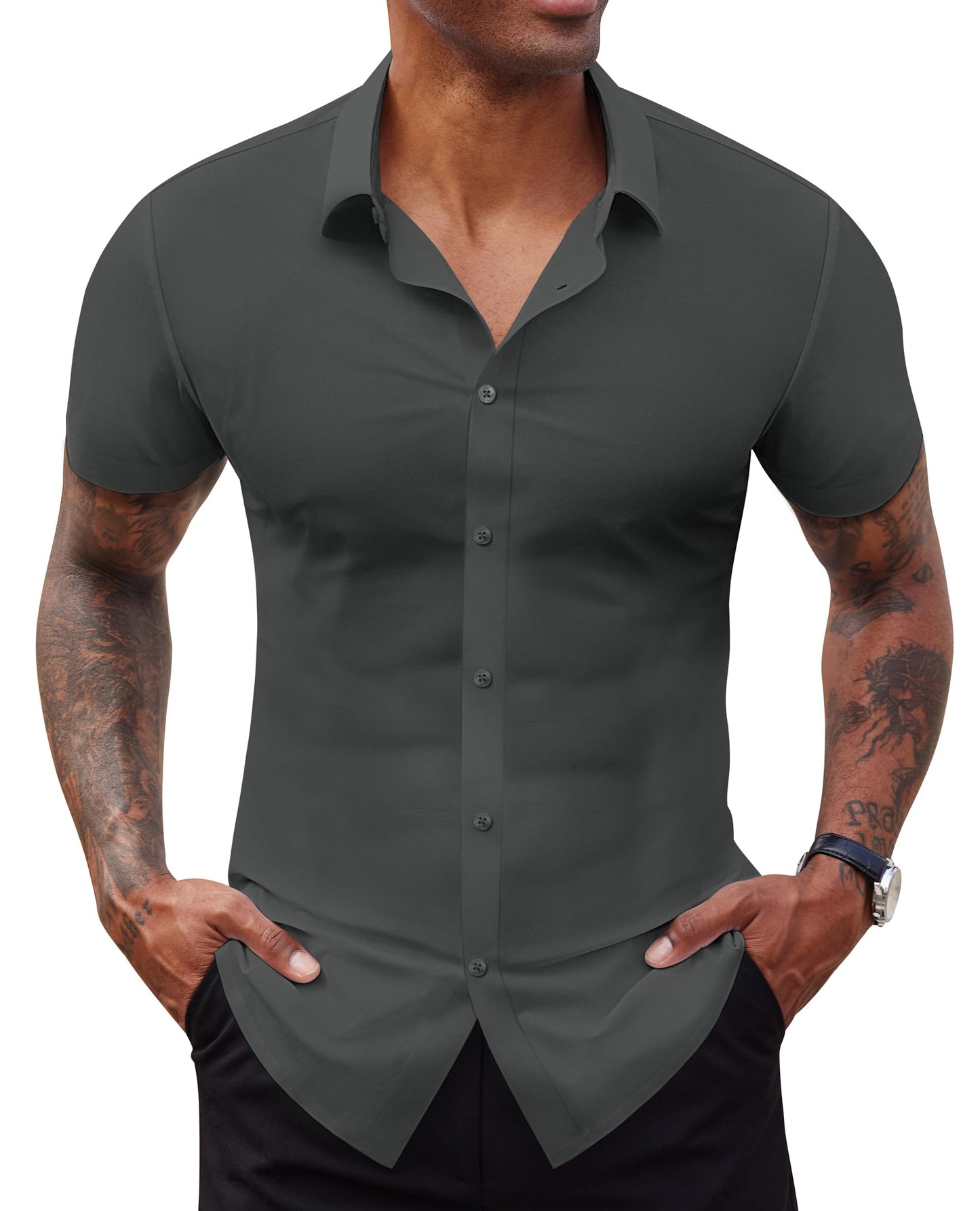 HOTLion Nardo Stretch Dress Shirts for Men Short Sleeve Slim Fit Casual Button Down Shirts Muscle Fit Men's Dress Shirts