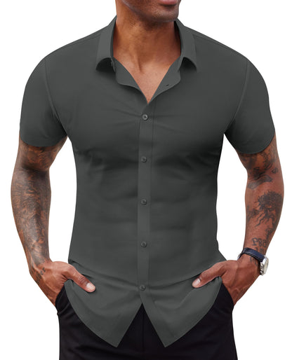HOTLion Nardo Stretch Dress Shirts for Men Short Sleeve Slim Fit Casual Button Down Shirts Muscle Fit Men's Dress Shirts