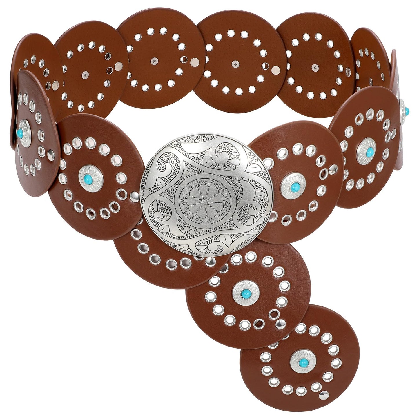 HOTXZQTIVE Western PU Leather Belts for Woman Concho Cowgirl Cowboy Disc Belt for Ladies Wide Boho Country Waist Belts for Dress