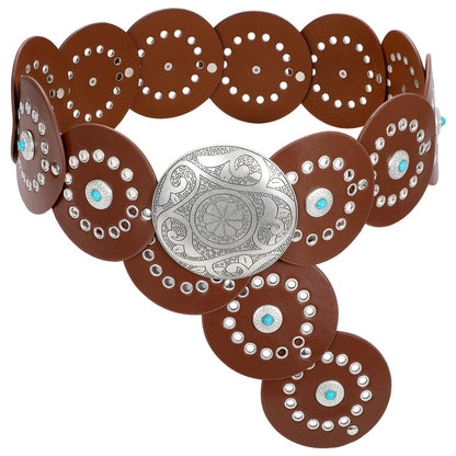 HOTXZQTIVE Western PU Leather Belts for Woman Concho Cowgirl Cowboy Disc Belt for Ladies Wide Boho Country Waist Belts for Dress