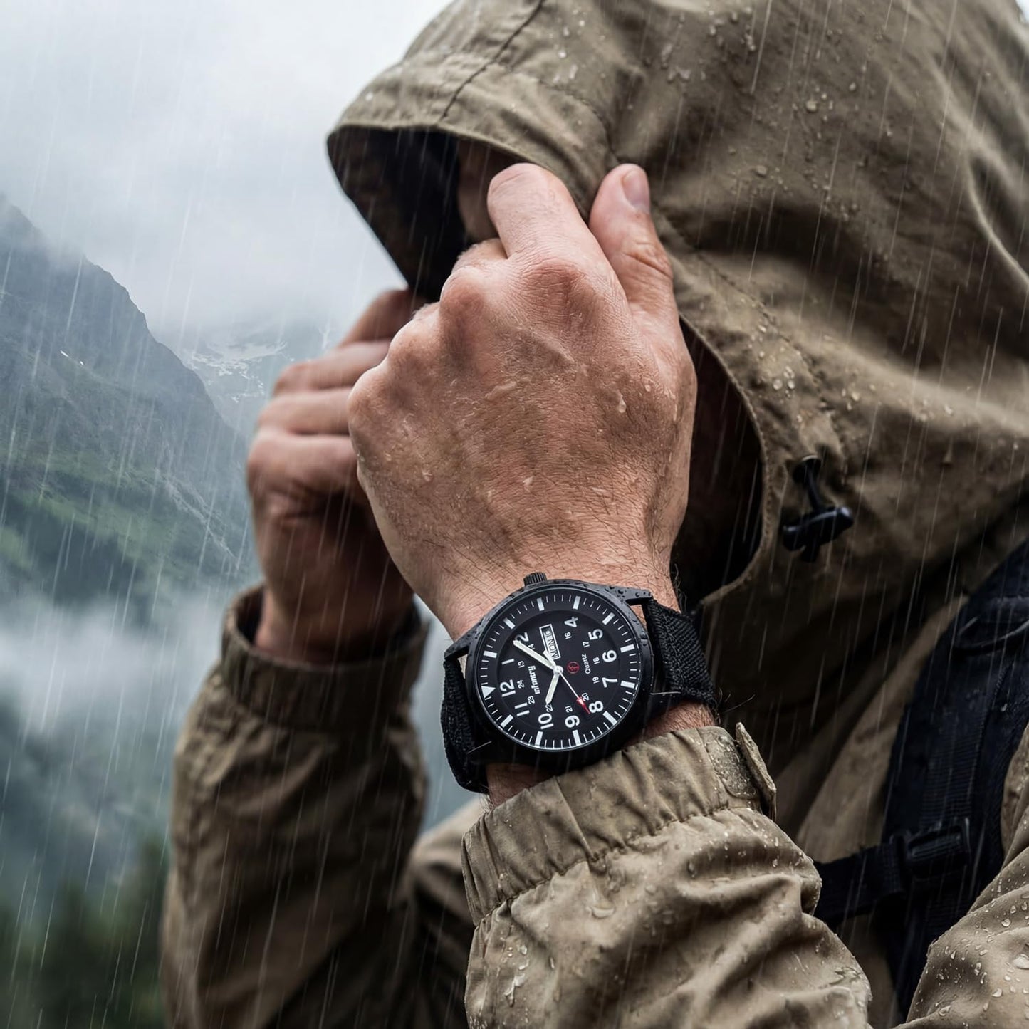 HOTInfantry Mens Military Field Watch, 12/24H Day Date, 5ATM Waterproof Nylon | Tactical Army Style, Analog Quartz, Day Date Window, Breathable Band for Outdoor Work Sport