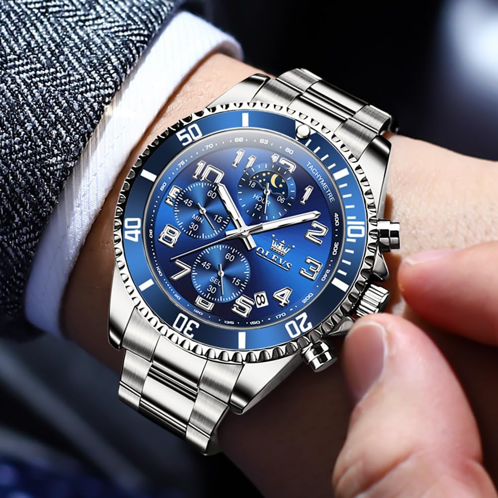 HOTOLEVS Watches for Men Stainless Steel Dress Men Watch with Date Big Face Chronograph Waterproof Luxury Fashion Watch Blue/Black/Gold/Green/Silver Face Relojes para Hombres