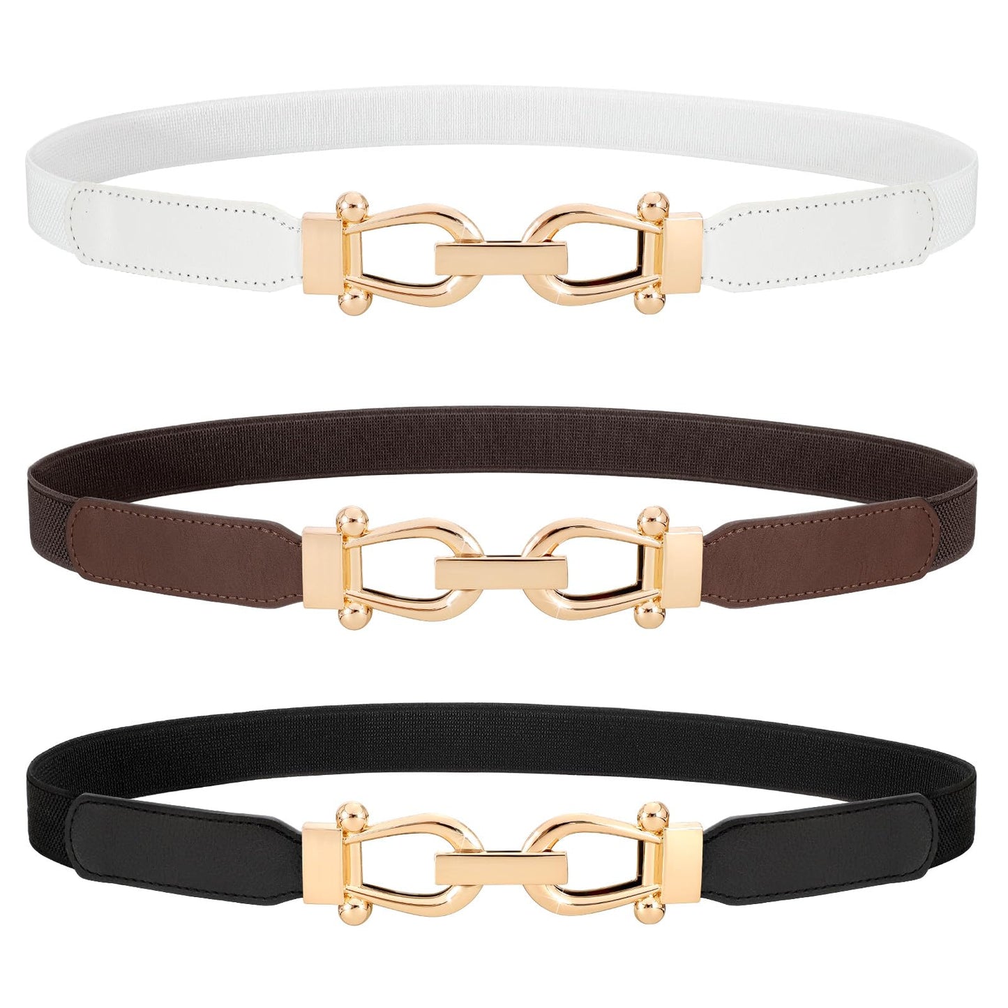 HOTWERFORU 3 Pack Women Skinny Elastic Waist Belt Gold Buckle Stretchy Thin Belt for Jeans Dress