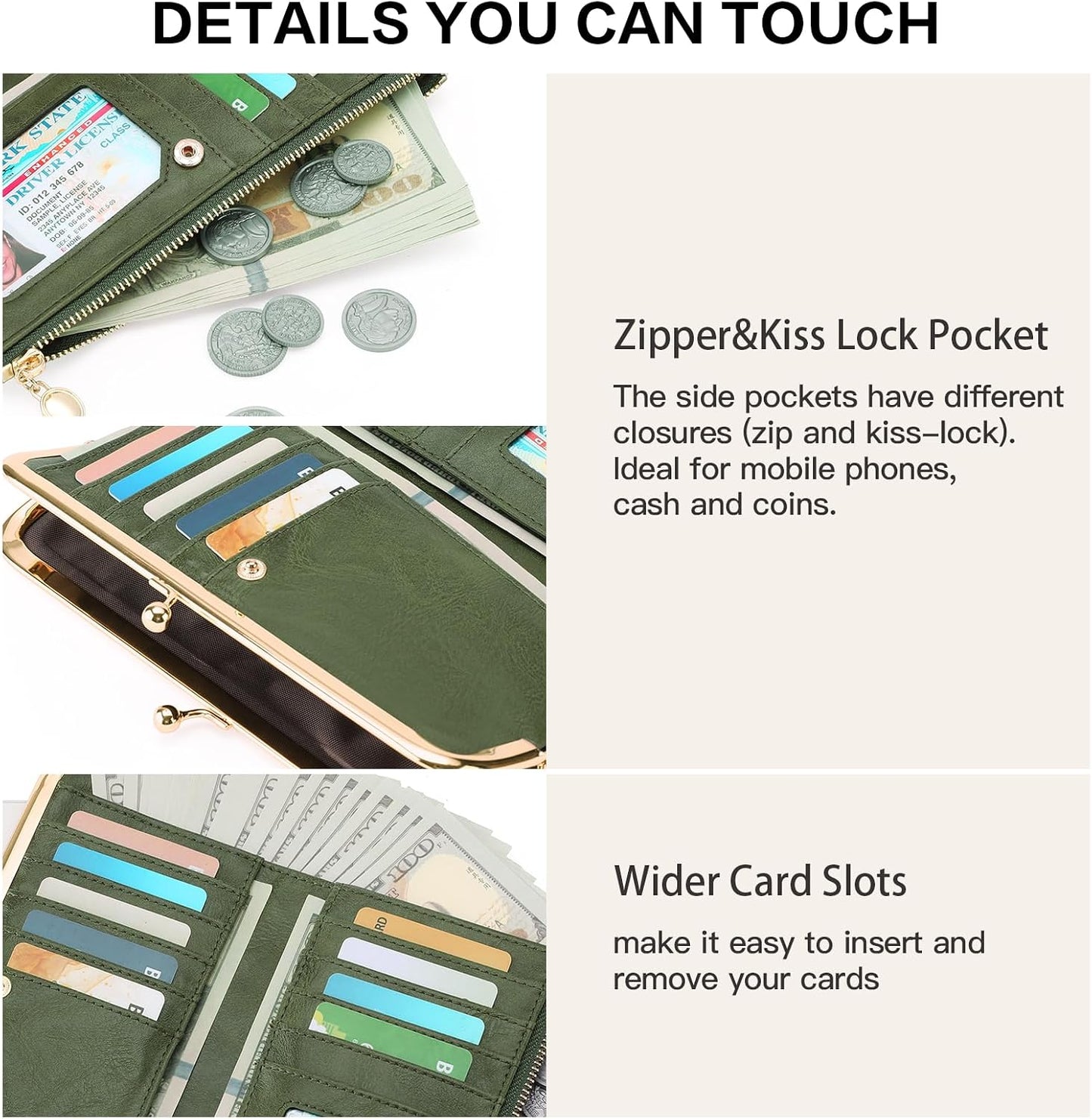 HOTGOIACII Womens Wallet Kiss Lock Bifold Leather Wallets for Women Green | Vintage Wallet for Women,Ladies Clutch Purse,Women's Card Holder Wallet with Zipper