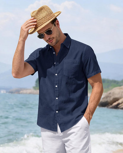 HOTJ.VER Mens Linen Shirt Short Sleeve Button Down Casual Summer Shirts | Cotton Linen, Untucked, Big Tall, from Beach Camp Vacation, Cruise Fishing, Work Office, to Wedding Party Family, with Pocket