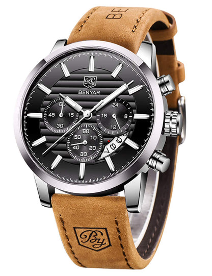 HOTBENYAR Quartz Chronograph Waterproof Watches Business and Sport Design Leather Band Strap Wrist Watch for Men