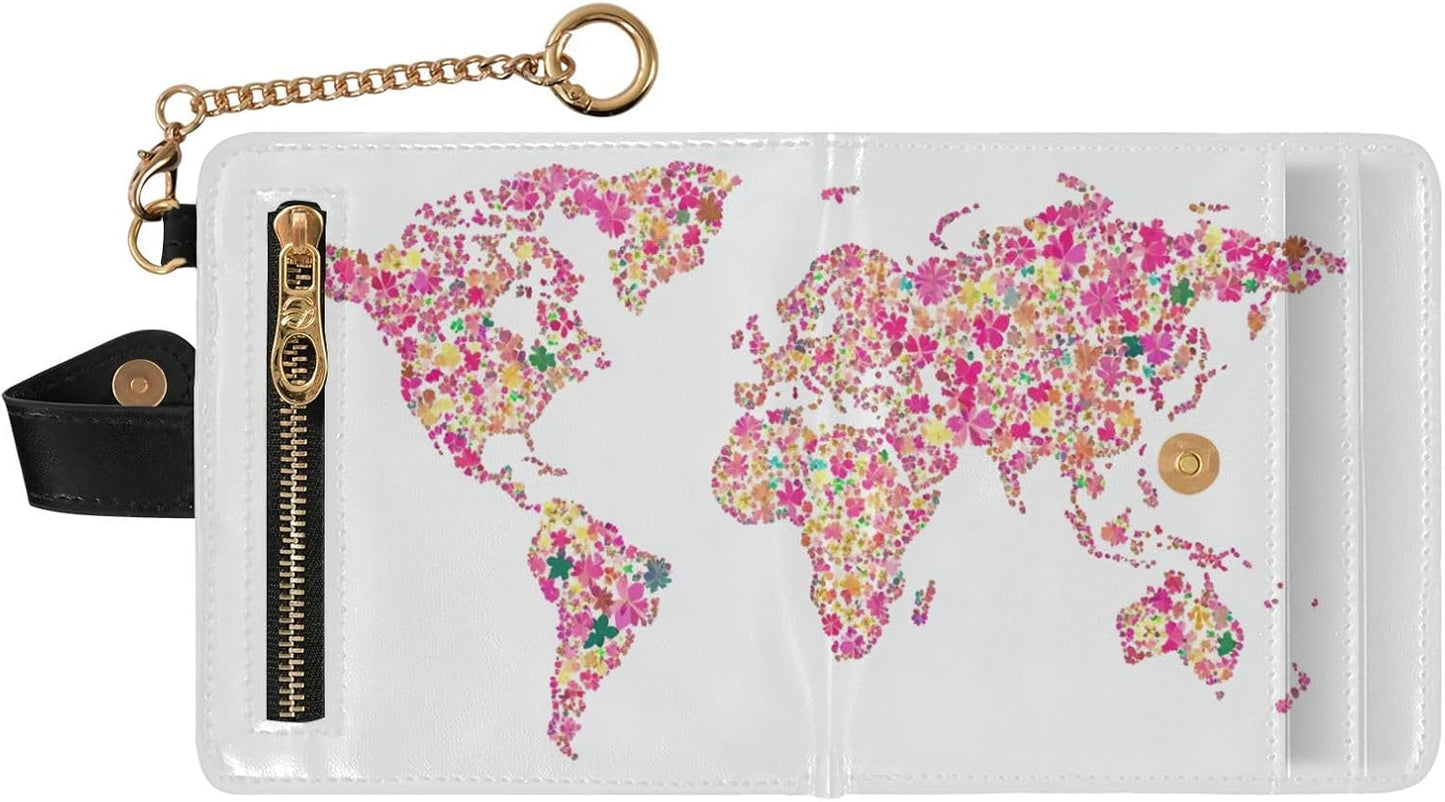 HOTWomen Wallet RFID Blocking World Map Pink Floral Small PU Leather Ladies Compact Wallets for Females Bifold Card Holder with ID Window for Credit Card, Cash, Travel