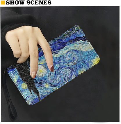 HOTGLUDEAR Art Paint Oil Painting Long Wallet for Womens Mens PU Leather Metal Zip RFID Wallet Clutch Purse,The Starry Night,OneSize