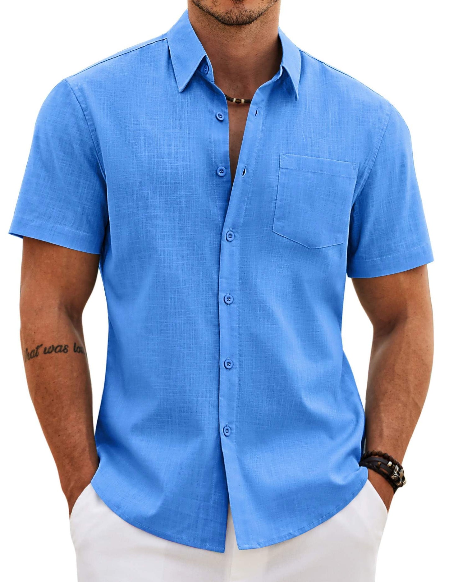 HOTCOOFANDY Men's Button Down Short Sleeve Shirt Casual Cotton Summer Beach Wedding Linen Shirts with Pocket