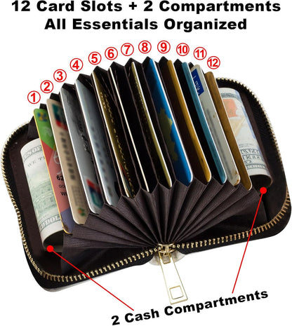 HOTWomens Card Wallet with Zipper, RFID Blocking Small Credit Card Holder Case, PU Leather Accordion Card Wallet for Women, Compact Travel ID & Cash Organizer, Leopard Print 02