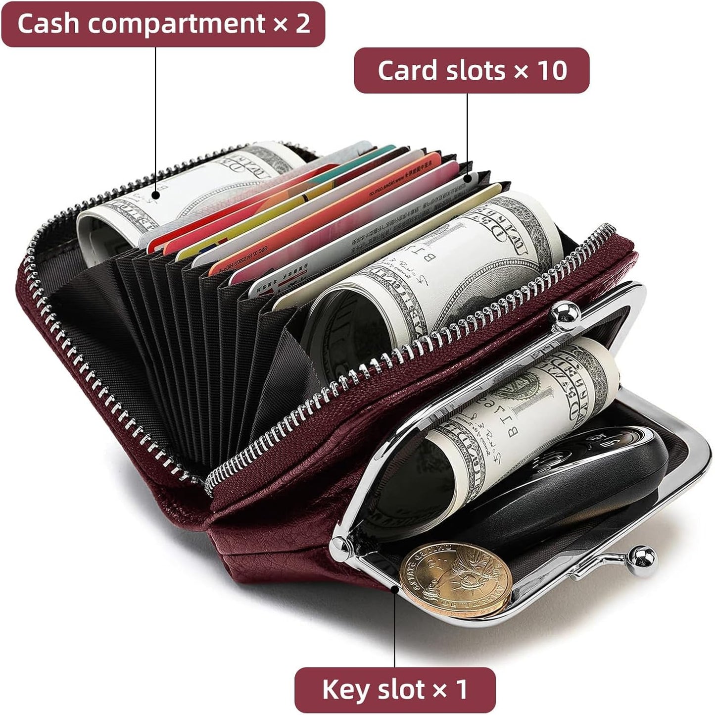 HOTDetachable 2 in 1 Genuine Leather Wallet for Women Credit Card Holder with Zipper Coin Purse (Wine Red2)