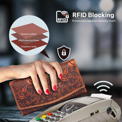 HOTVALENCHI Women's Leather Wallet - RFID Blocking Wallet - Ladies Clutch Hand Purse With Card Holder Slots (Cognac Vintage LW03)