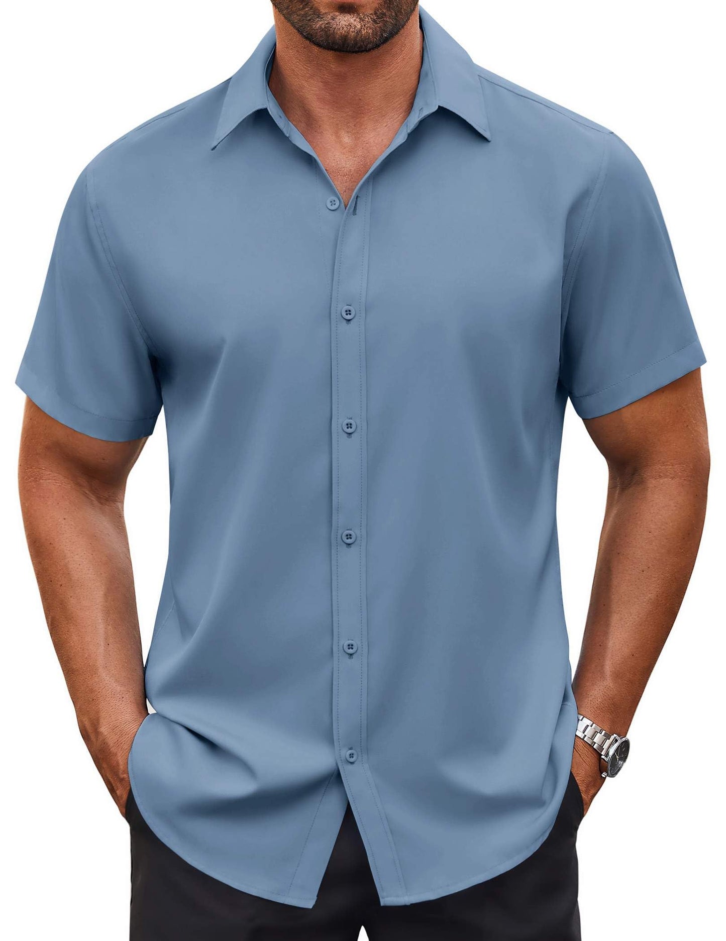 HOTCOOFANDY Men's Button Down Shirt Short Sleeve Dress Shirt Casual Beach Summer Wedding Shirt