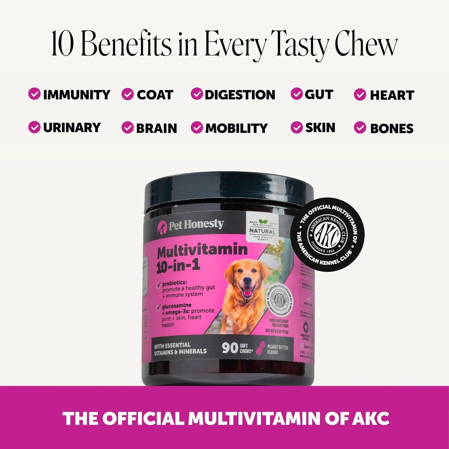 HOT10-in-1 Dog Multivitamin Supplement with Glucosamine & Probiotics - Hip & Joint Support, Digestive Health, Immune Support, Heart & Skin - All-in-One Daily Vitamins & Omega-3s (Peanut Butter, 90 ct)