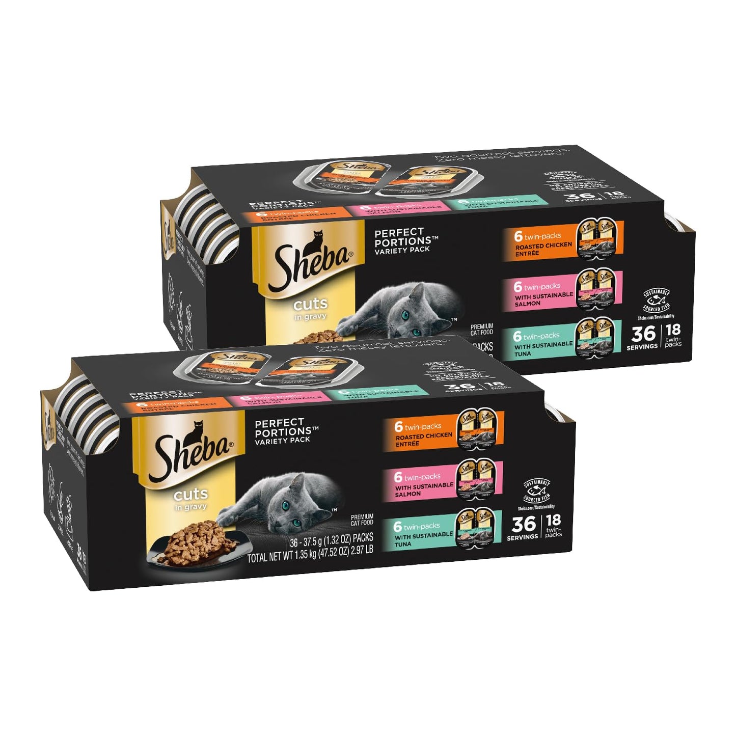 HOTSheba Perfect Portions Cuts Wet Cat Food, Multipack, 2.6 oz, 24 ct | Grain-free, Chicken, Salmon & Turkey flavors, protein-rich, no corn or soy, essential vitamins & minerals, twin-pack trays