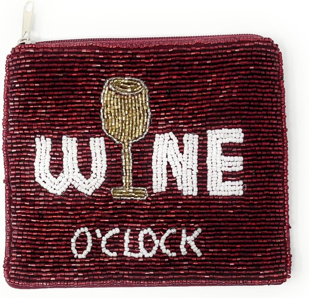 HOTWine O'Clock Coin Purse Pouch, Beaded Pouch, Birthday Gifts, Small Wallets, Gift Card Pouch, Wine Lover Must Have, Small Pouch