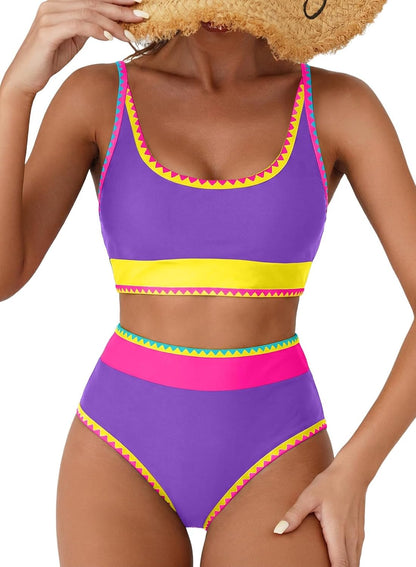 HOTHerseas Women's Bikini Sets Floral Print Whip Stitch 2 Piece Swimsuits High Waisted Scoop Bathing Suits