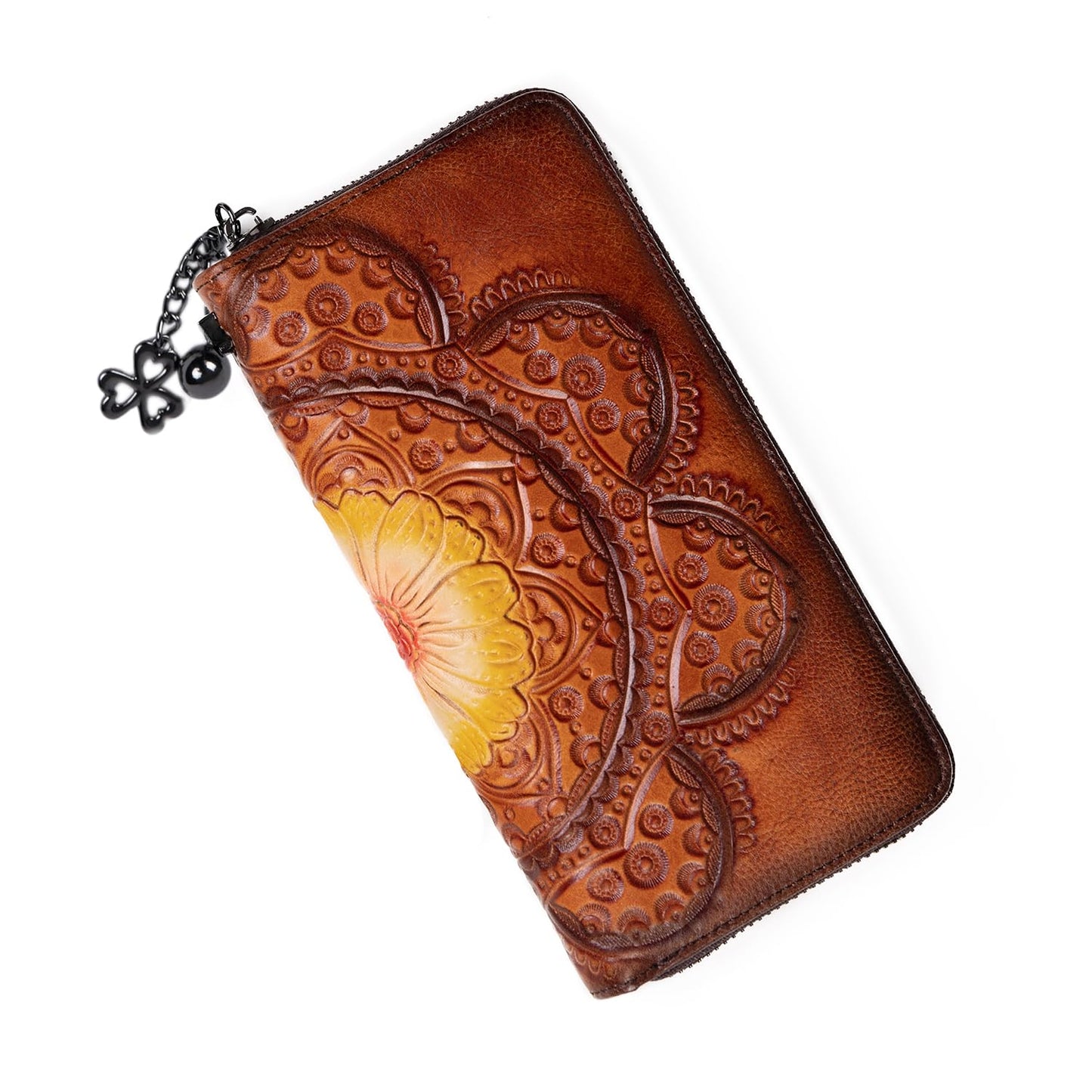 HOTWallet Genuine Leather for Women - with RFID Blocking Card checkbook ID Slot Large Capacity Vintage style (flower brown)