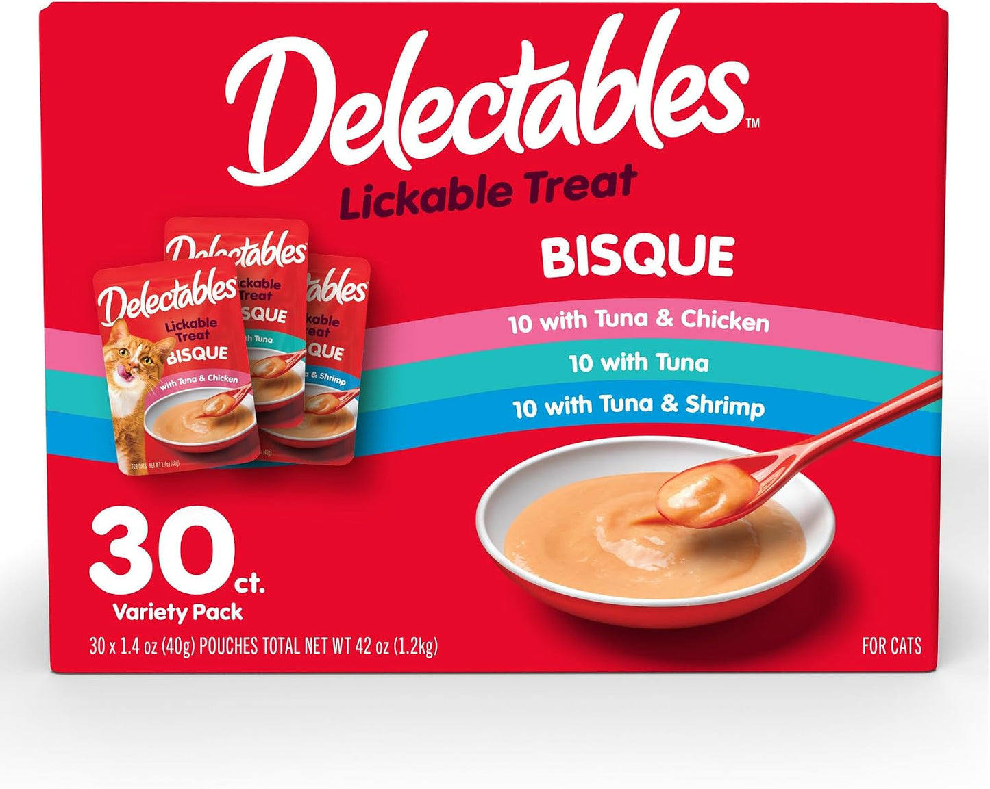 HOTDelectables Lickable Treat Bisque Wet Cat Treat Variety Pack, Food Topper, Hydrating, Grain-Free, No Fillers, No By-Products, No Added Preservatives, 1.4oz Pouch, 30ct