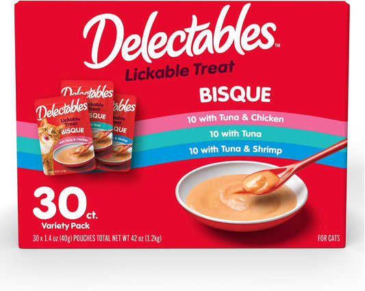 HOTDelectables Lickable Treat Bisque Wet Cat Treat Variety Pack, Food Topper, Hydrating, Grain-Free, No Fillers, No By-Products, No Added Preservatives, 1.4oz Pouch, 30ct
