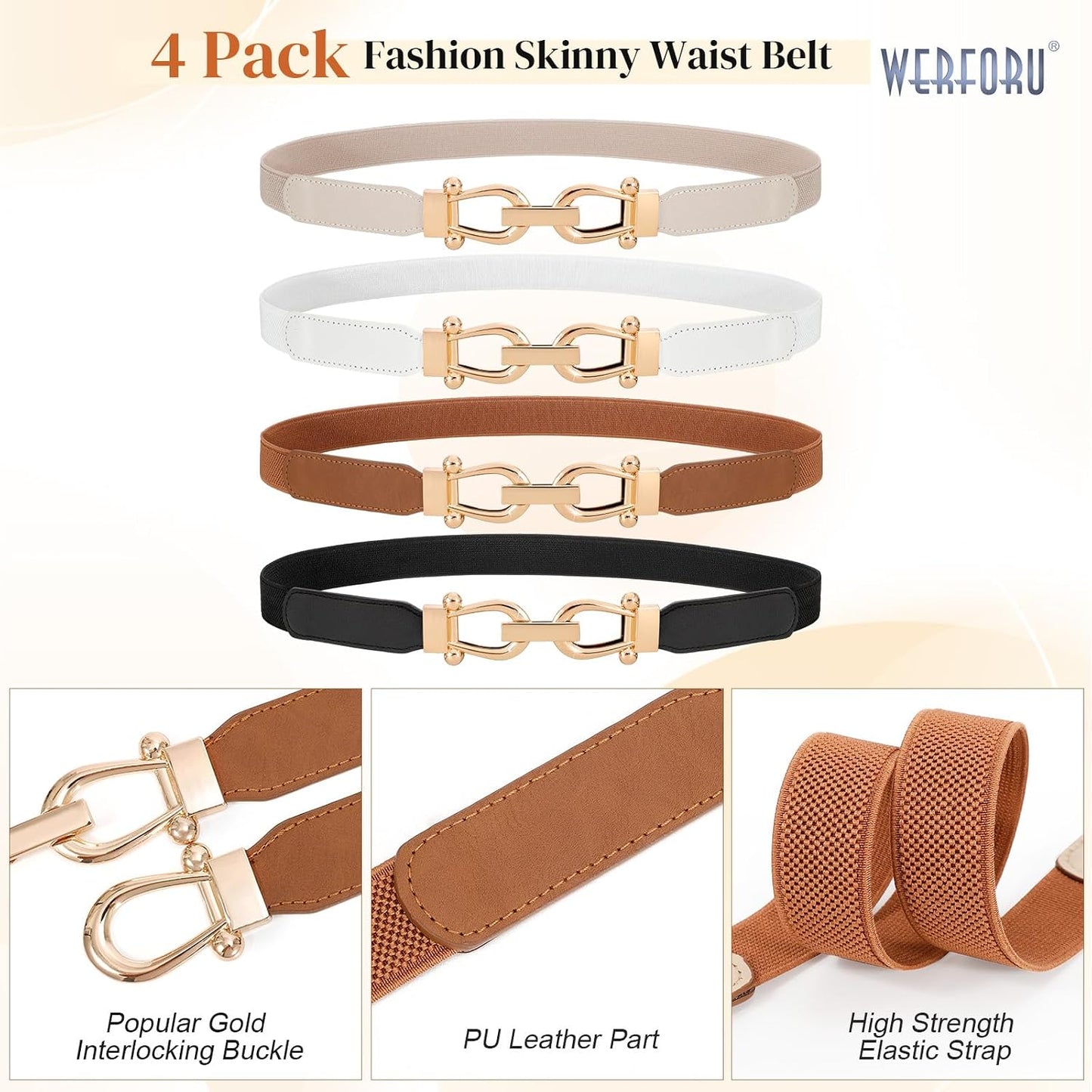 HOTWERFORU 4 Pack Women Skinny Elastic Waist Belt Gold Buckle Stretchy Thin Belt for Jeans Dress