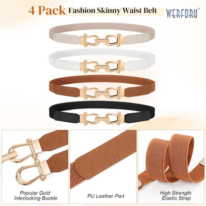HOTWERFORU 4 Pack Women Skinny Elastic Waist Belt Gold Buckle Stretchy Thin Belt for Jeans Dress