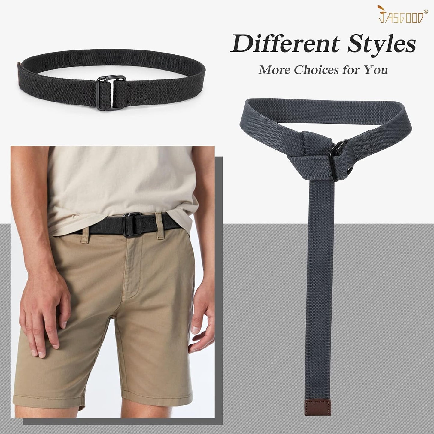 HOTJASGOOD Men Canvas Fabric Belts Casual Web Cloth Belts with Black Double Ring Buckle 2 Pack