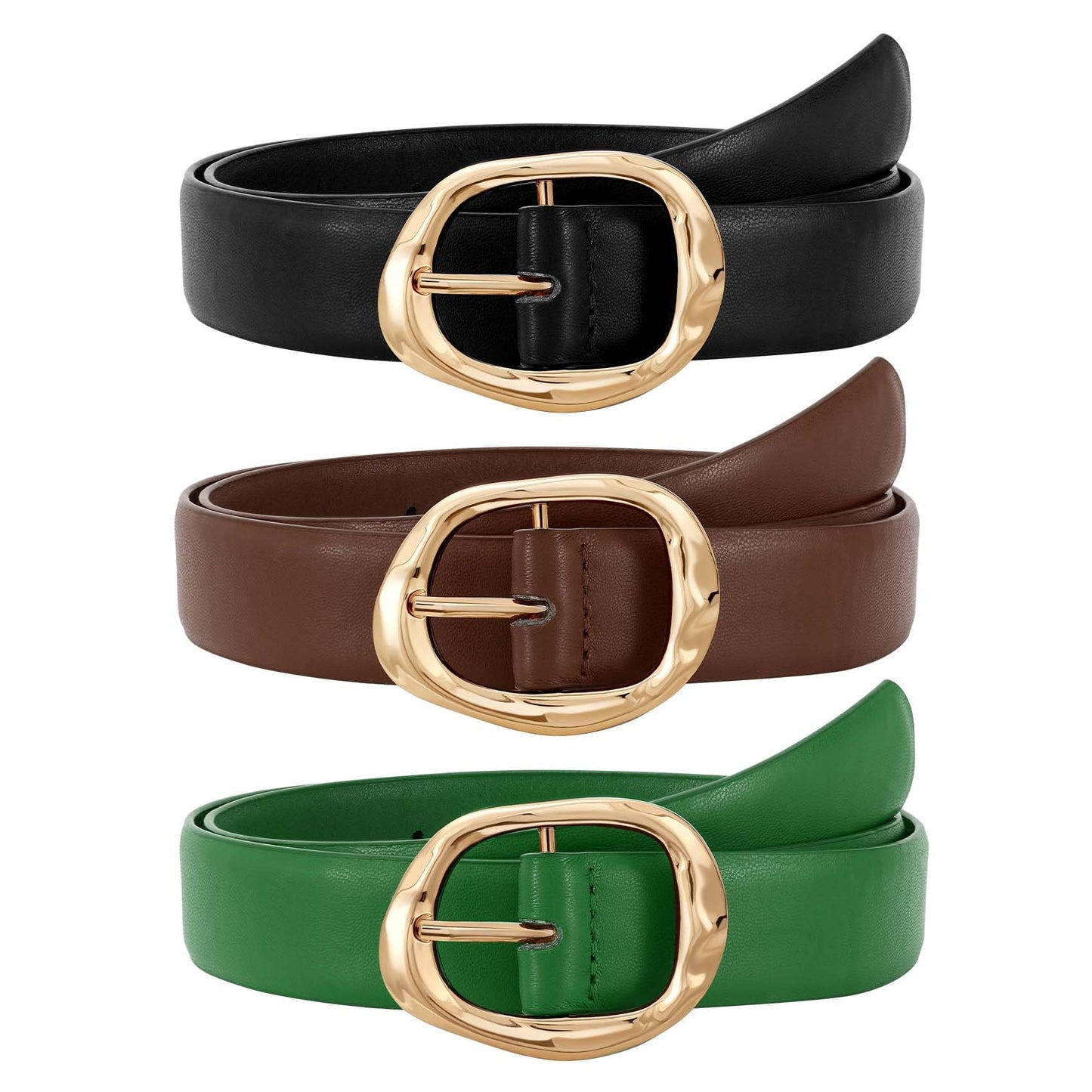 HOTJASGOOD 3 Pack Women Belts for Jeans Pants Ladies Leather Waist Belt Casual Fashion Trend Belt for Women with Gold Buckle