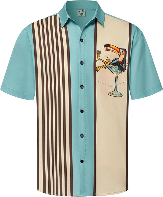 HOTHardaddy Men's Vintage Bowling Shirt Short Sleeve Button Down Hawaiian Summer Beach Printed Casual Shirts