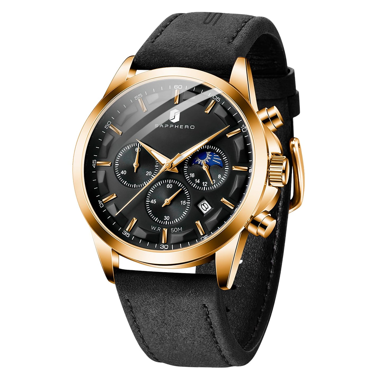 HOTSAPPHERO Men's Watches Stainless Steel Chronograph Waterproof Quartz-Business Casual Dress Watch for Men Luminous Date Gold/Silver/Black Design-Easy-to-Read Luxury Dial-Leather Unique Elegant Gift